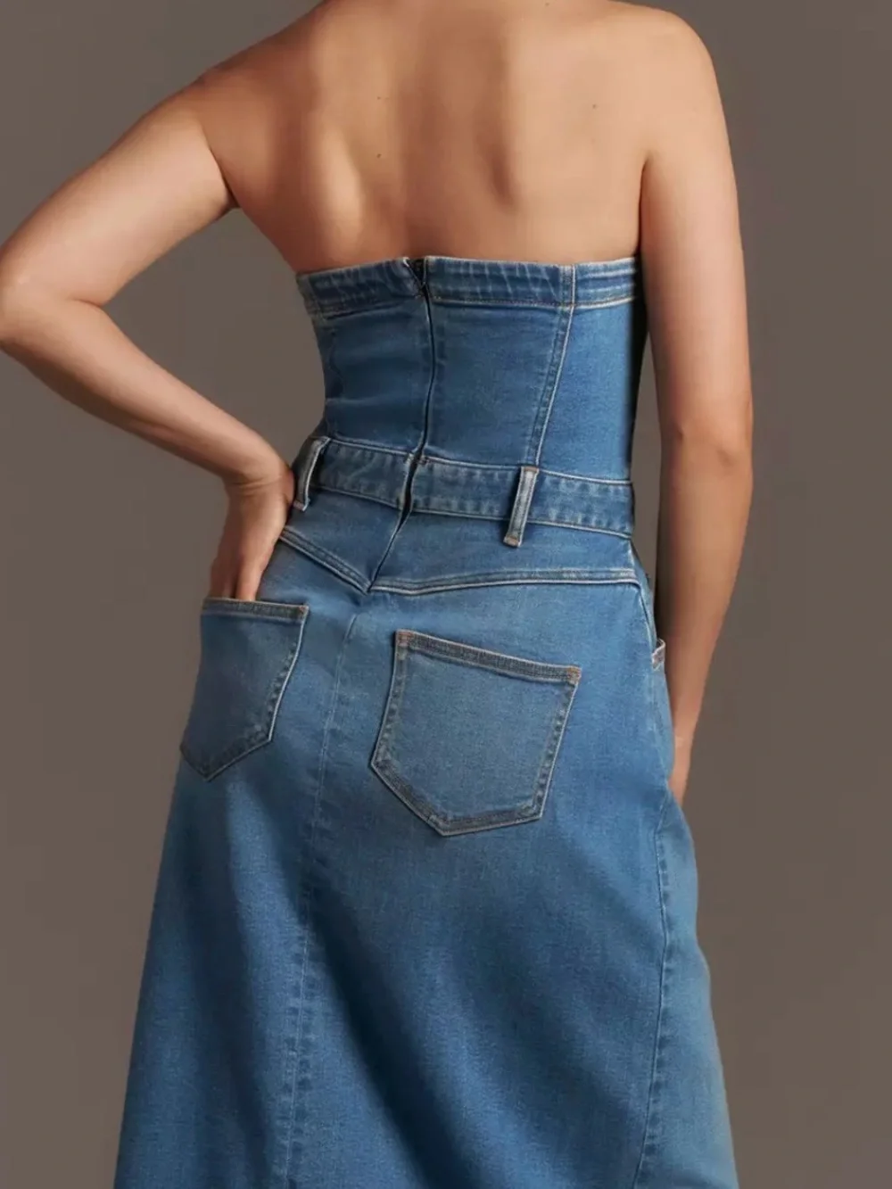 Anthropologie Denim Strapless Madi  dress by Pilcro with Front Slit - Blue